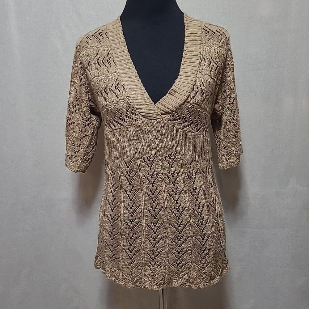 Vtg Y2K 90s Crochet Knit Babydoll Top Womens Size M Bell Sleeve Boho Hippie Tan